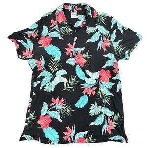 ZARA Men's Tropical Floral Hibiscus Print Short Sleeve Button Up Polo Shirt